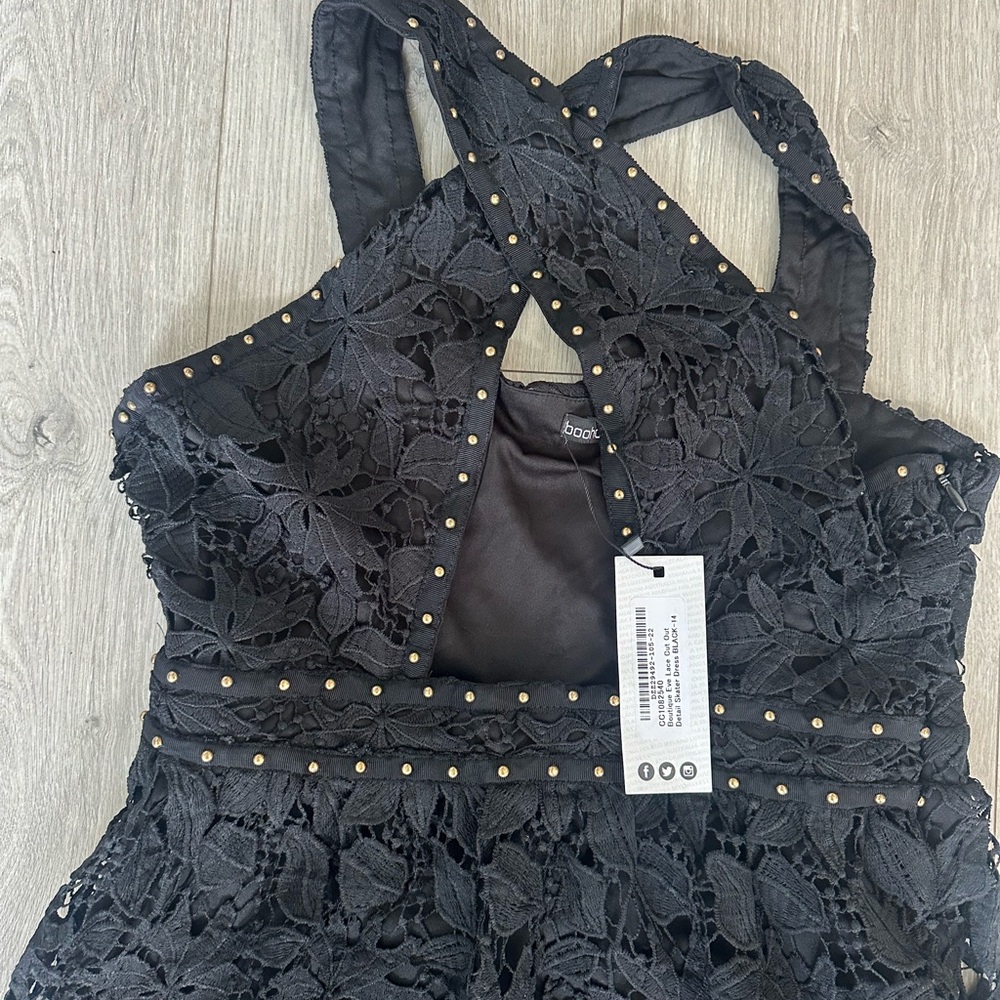 Boohoo Black Lace Skater Dress with Gold Studs